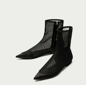 Zara black flat pointy toe mesh boots booties